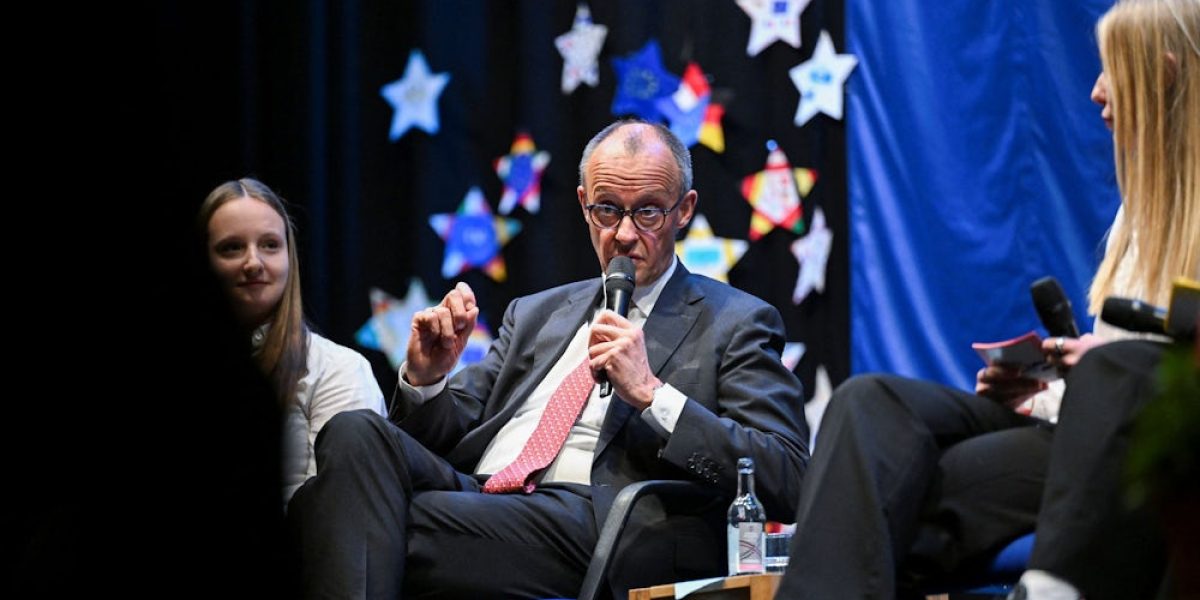 German Chancellor Friedrich Merz speaks during a panel discussion with students during his visit to the Carolus-Magnus-Gymnasium, as part of the EU Project Day in Schools, in Marsberg, Germany, April 27, 2026. REUTERS/Teresa Kroeger